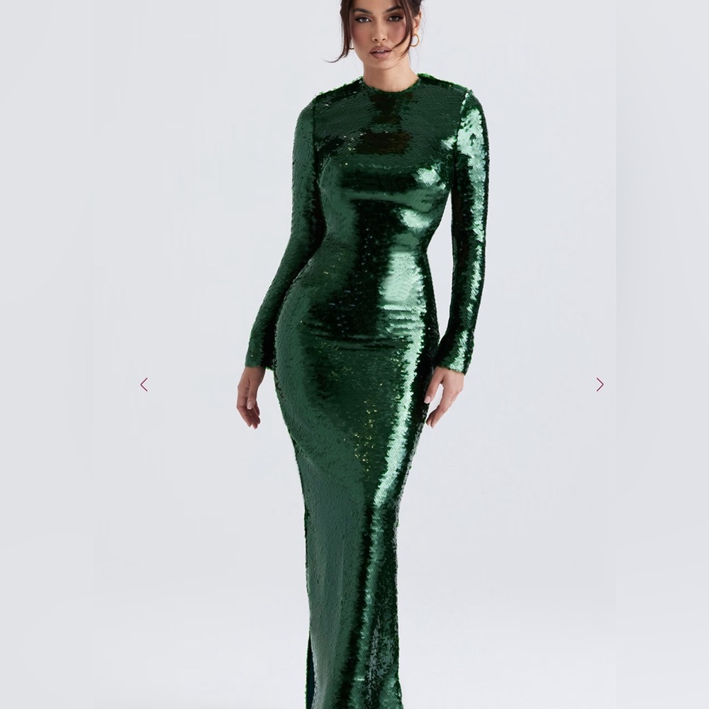 House of CB Belle Pine Green Jewel Toned Sequin Maxi Dress Size: M
